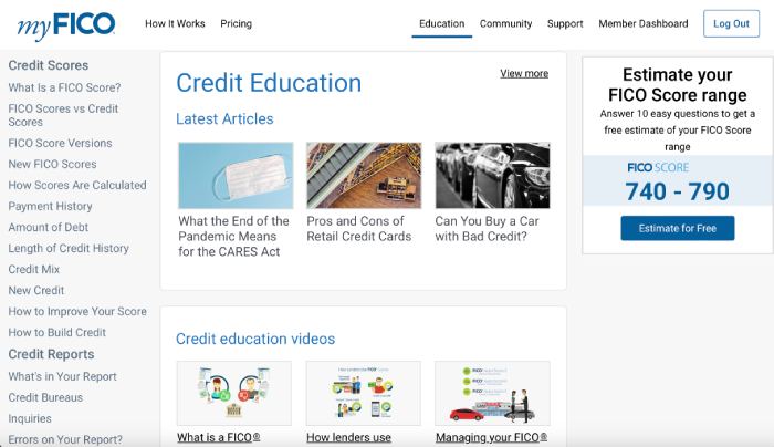 myFICO page with credit education articles and videos. 