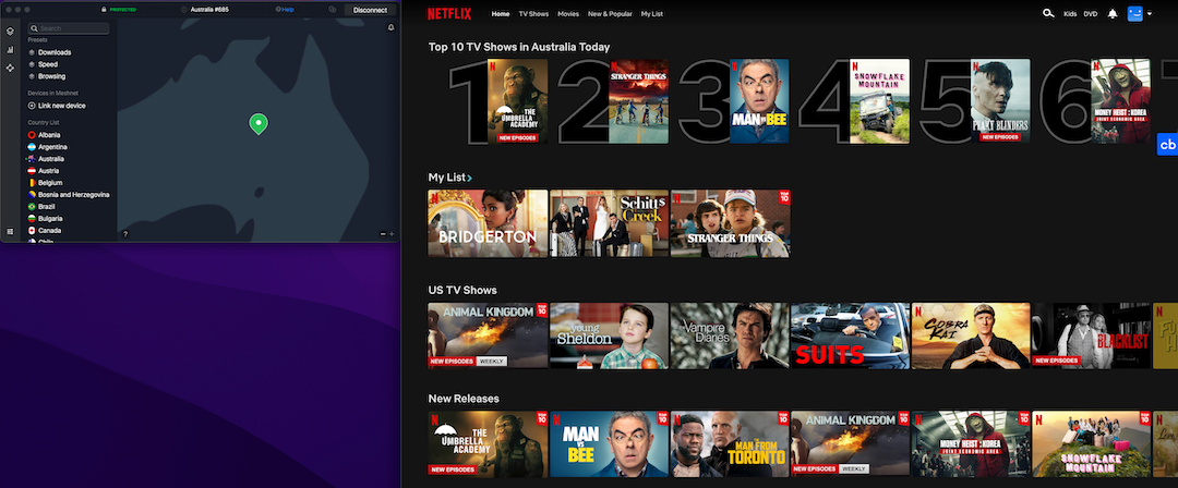 A screenshot of a Mac desktop showing NordVPN connected to an Australian server on the left and the Netflix Australia library on the right