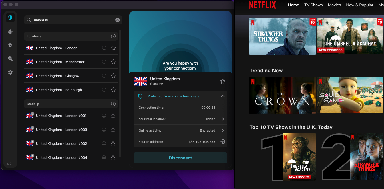 A screenshot of our Surfshark VPN connected to the Glasgow, Scotland, server and the UK Netflix library loaded to show the top TV shows in the UK.