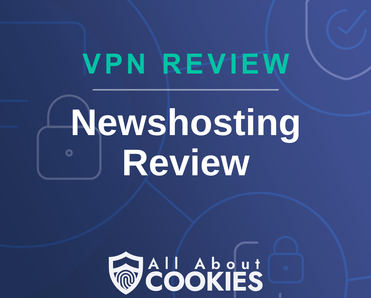 A blue background with images of locks and shields with the text &quot;Newshosting Review&quot; and the All About Cookies logo. 