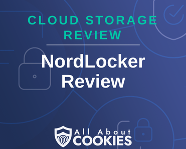 A blue background with images of locks and shields with the text &quot;NordLocker Review&quot; and the All About Cookies logo. 