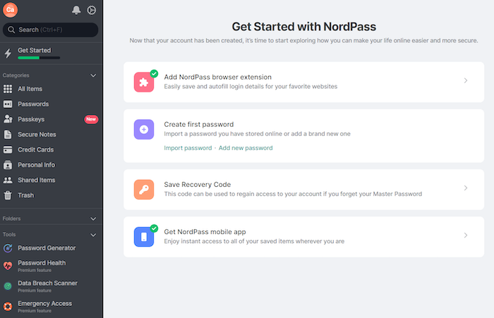 NordPass has an easy-to-follow walkthrough to get you started when you first set up your account.