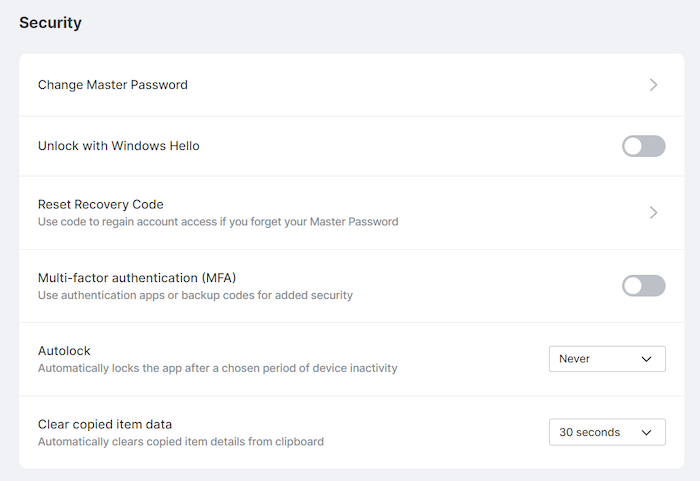 The NordPass dashboard includes options to change your security settings, including resetting your recovery code, enabling MFA, and autolocking the password manager after a certain amount of time.