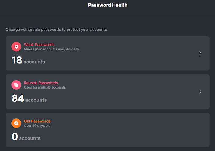 The NordPass password health reports warns you about reused, weak, and old passwords.