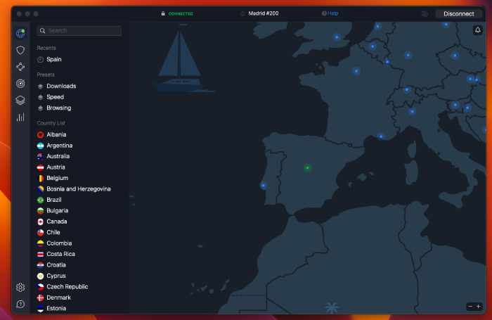 The NordVPN interface connected to a server in Spain and showing a map of servers in Europe.