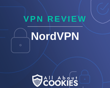 A blue background with outlines of locks, circles, and shields with the All About Cookies logo and the words NordVPN Review