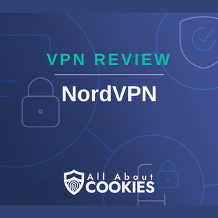 A blue background with outlines of locks, circles, and shields with the All About Cookies logo and the words NordVPN Review