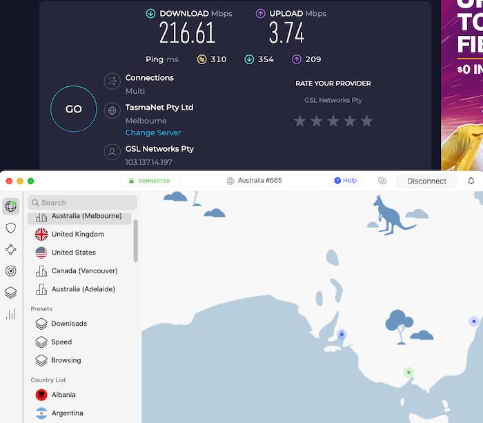 NordVPN's speeds remained fairly fast even when connected to a far away location in Australia.