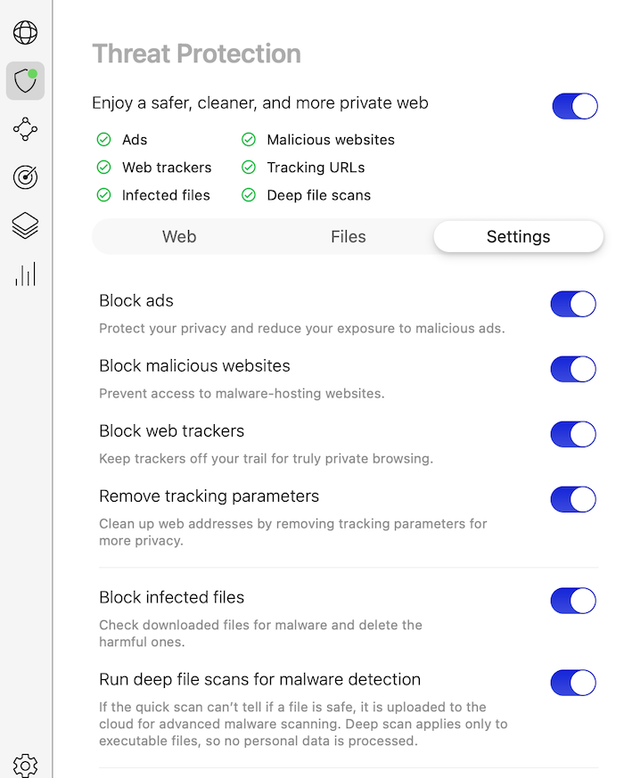 NordVPN Threat Protection's settings allow you toggle on and off different levels of protection, 
