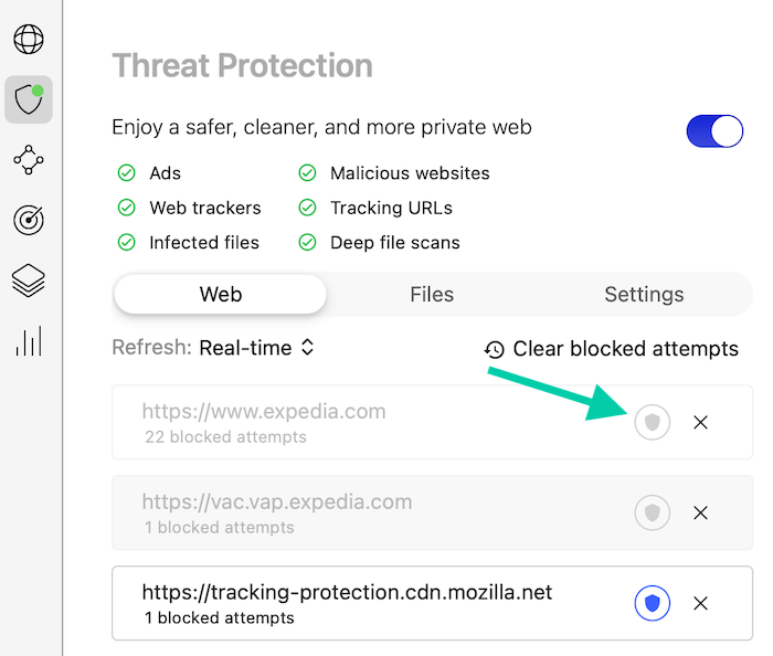 You can whitelist sites to see ads by clicking the blue shield icon in the Threat Protection dashboard, located under the Web tab.
