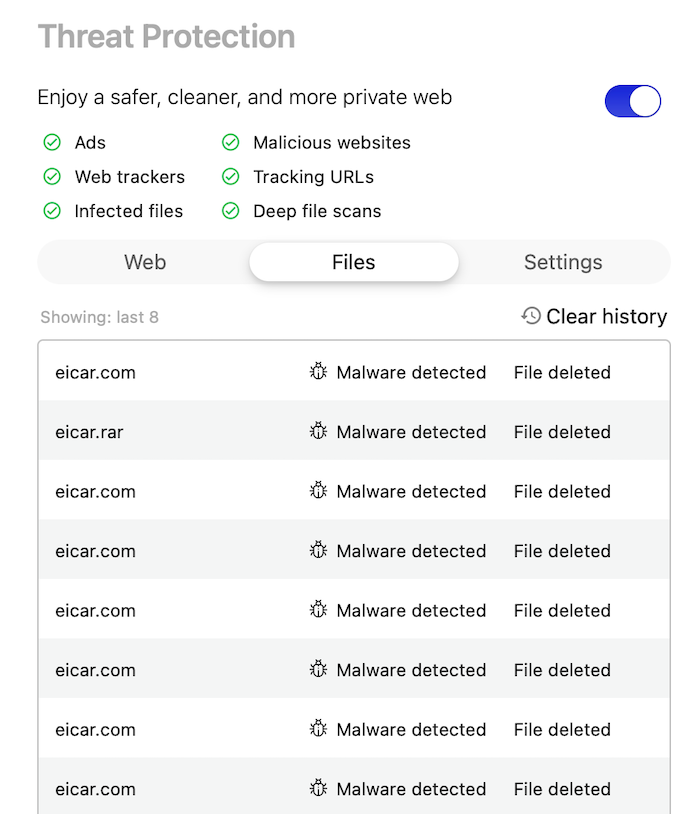 NordVPN Threat Protection blocked all EICAR test files, meaning it provides comprehensive anti-malware protection.