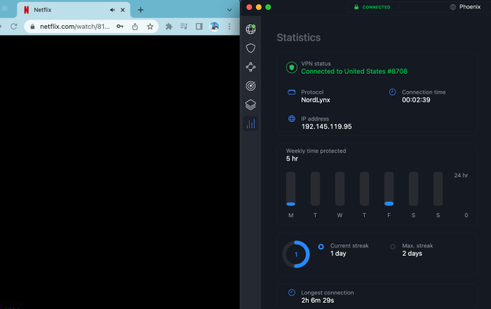 Connecting to a server in Phoenix, Arizona with NordVPN while streaming Netflix