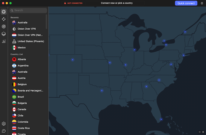 The NordVPN dashboard shows a full list of VPN servers.