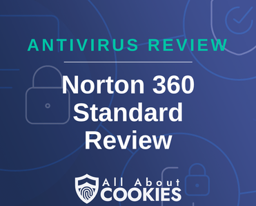 A blue background with images of locks and shields with the text &quot;Norton 360 Standard Review&quot; and the All About Cookies logo. 