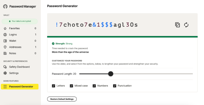 Norton Password Manager dashboard under the password generator feature.
