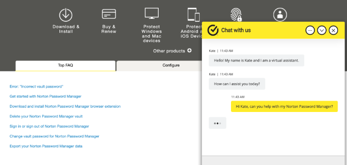 Norton support page with a virtual assistant chatbox open.