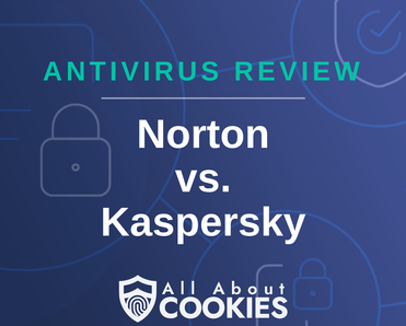 A blue background with images of locks and shields with the text &quot;Norton vs. Kaspersky&quot; and the All About Cookies logo. 