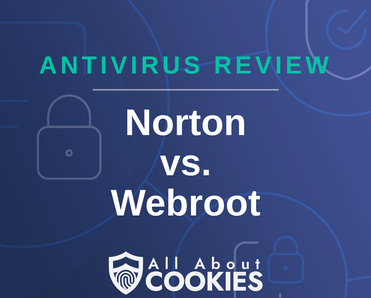 A blue background with images of locks and shields with the text &quot;Norton vs. Webroot&quot; and the All About Cookies logo. 