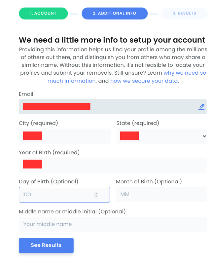 Optery's account setup page requesting an email, city, state, and birthdate.