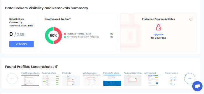 Optery's main dashboard, which displays your exposure report and screenshots of data broker sites with your personal information.