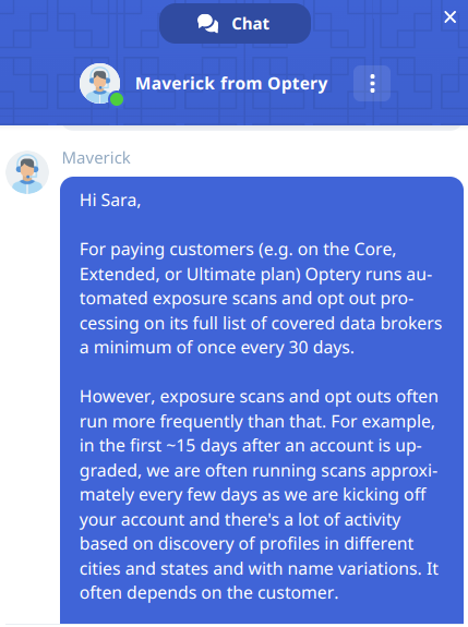 A conversation with one of Optery's live chat customer support representatives.