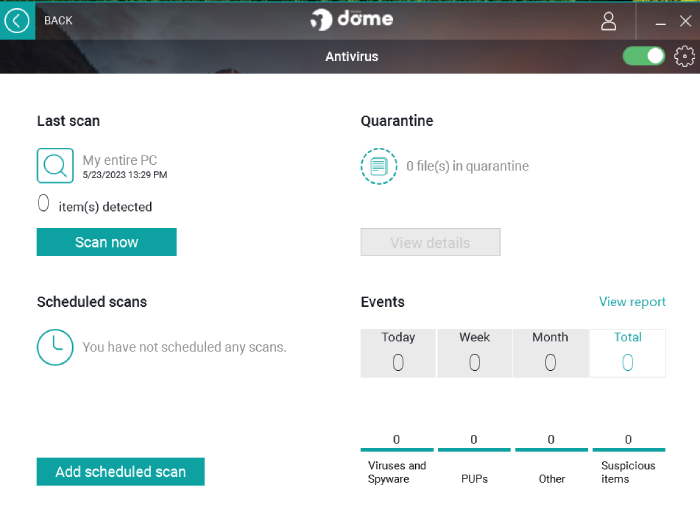 Panda Dome dashboard displaying your last scan, scheduled scans, any files in quarantine, and any problems found.