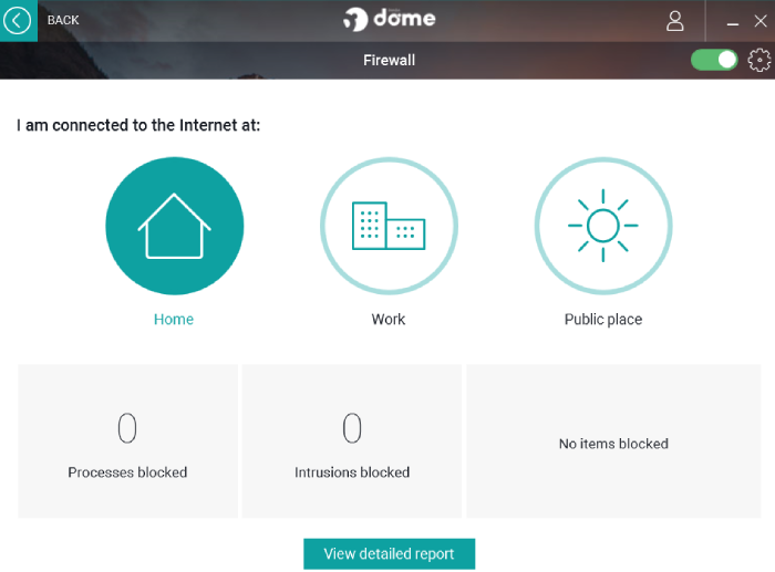 Panda Dome's firewall settings for where you're working, blocked statistics, and a button for a detailed report.