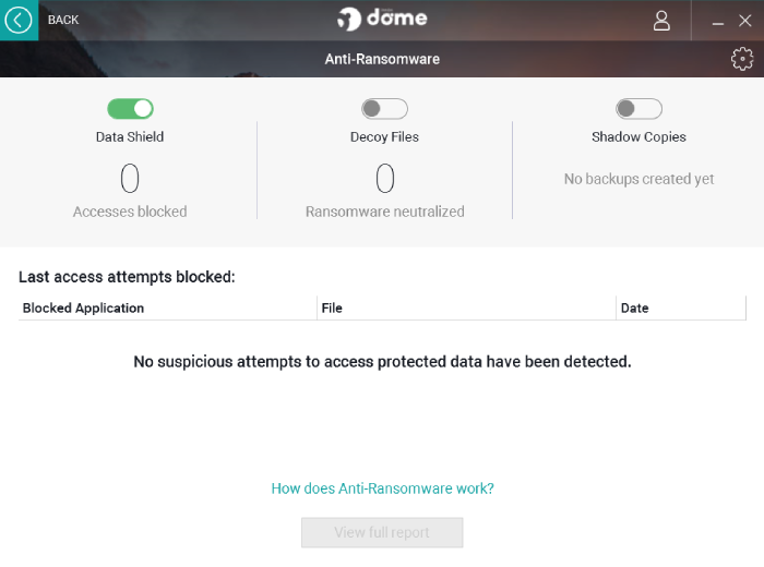 Panda Dome's anti-ransomware features with a breakdown of what was blocked, customizable protection, and ransomware education.