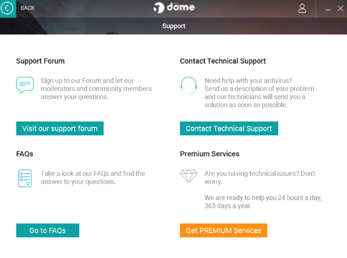 Panda Dome's list of support options including forums, FAQs, technical support, and premium services support.