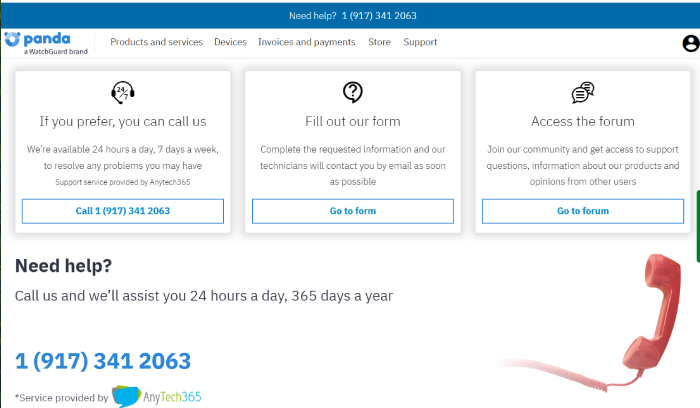 Panda Dome's links to their customer support number, customer support form, and forums.
