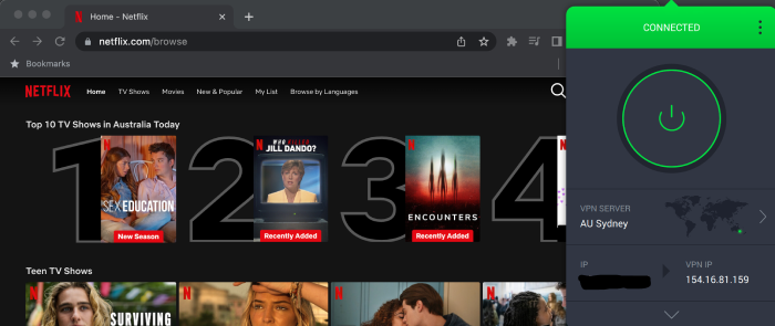 Private Internet Access connected to a VPN server in Sydney, Australia with a Netflix Australia window open in the background.