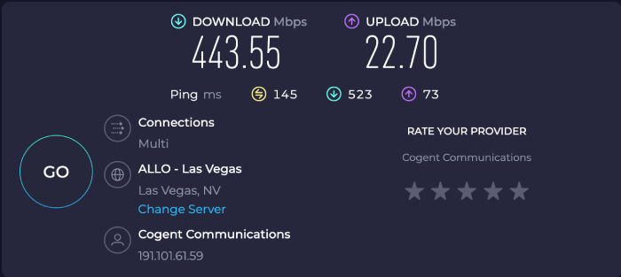 A computer's speed test results whille connected to a Private Internet Access server in Las Vegas, Nevada.