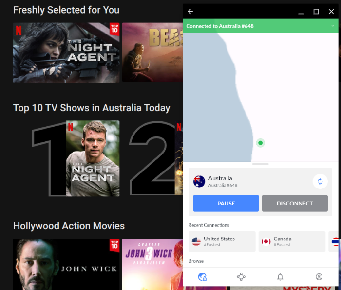 NordVPN successfully unblocking Netflix Australia.