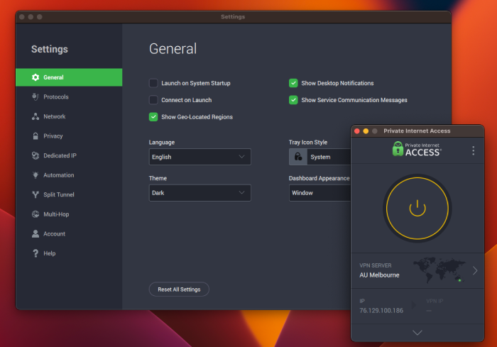 Private Internet Access's general settings on its dashboard.