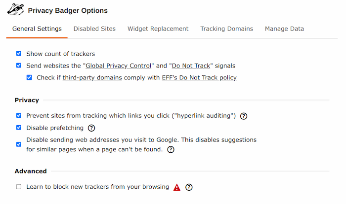 Privacy Badger's settings make it easy to customize how and what it blocks, and it also offers advanced settings.