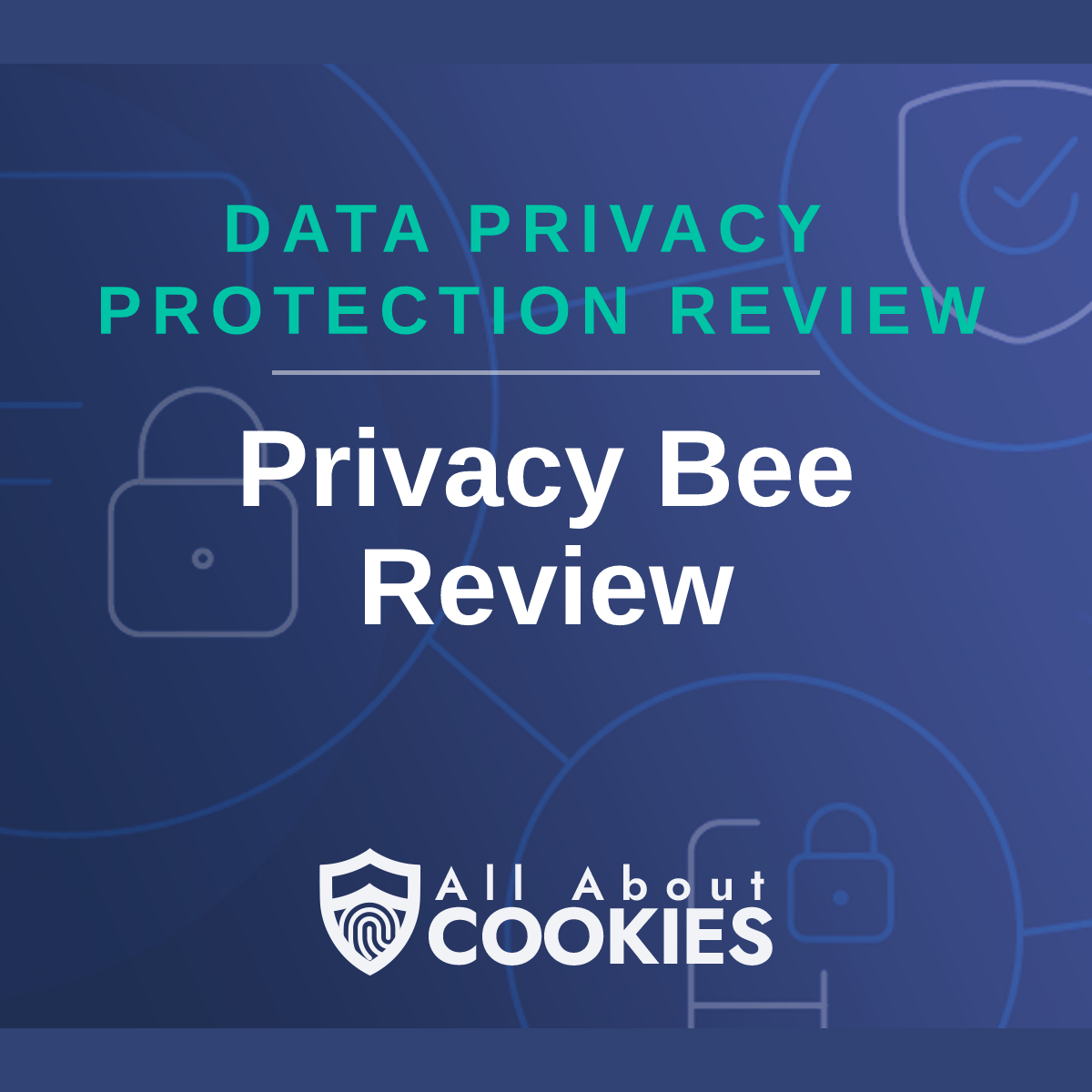 A blue background with images of locks and shields with the text &quot;Privacy Bee Review&quot; and the All About Cookies logo. 