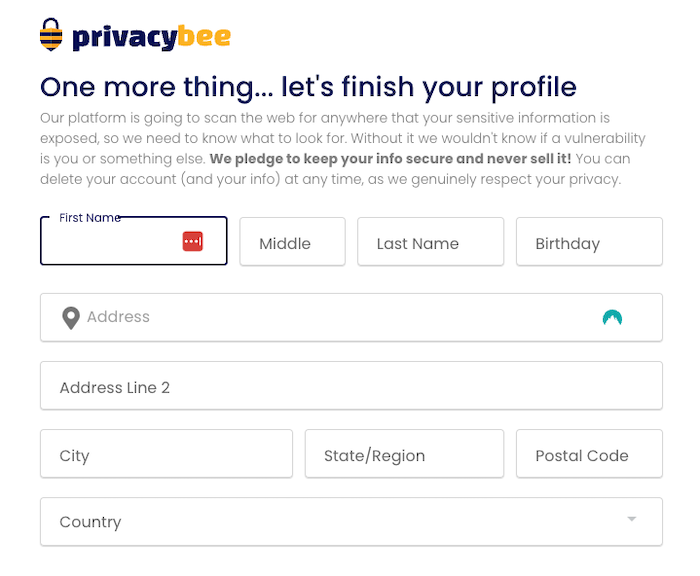 Privacy Bee asks for personal info like your name, birthday, and address to get started checking the internet for your data.