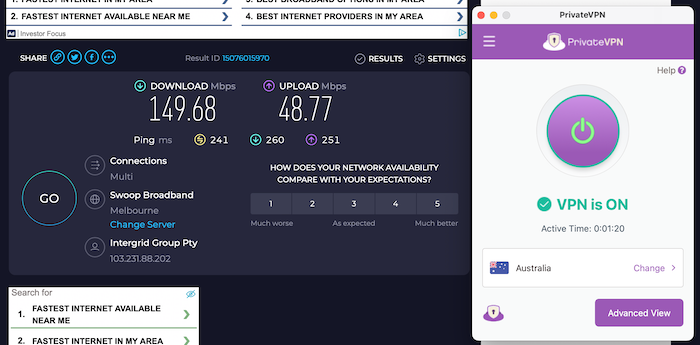 Our speed tests while connected to PrivateVPN's Australia server showed a slight slowdown.