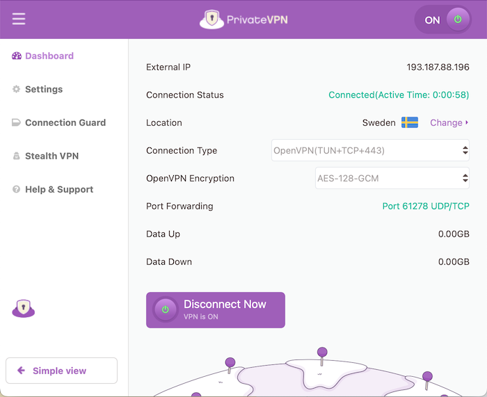 The advanced view of the PrivateVPN dashboard