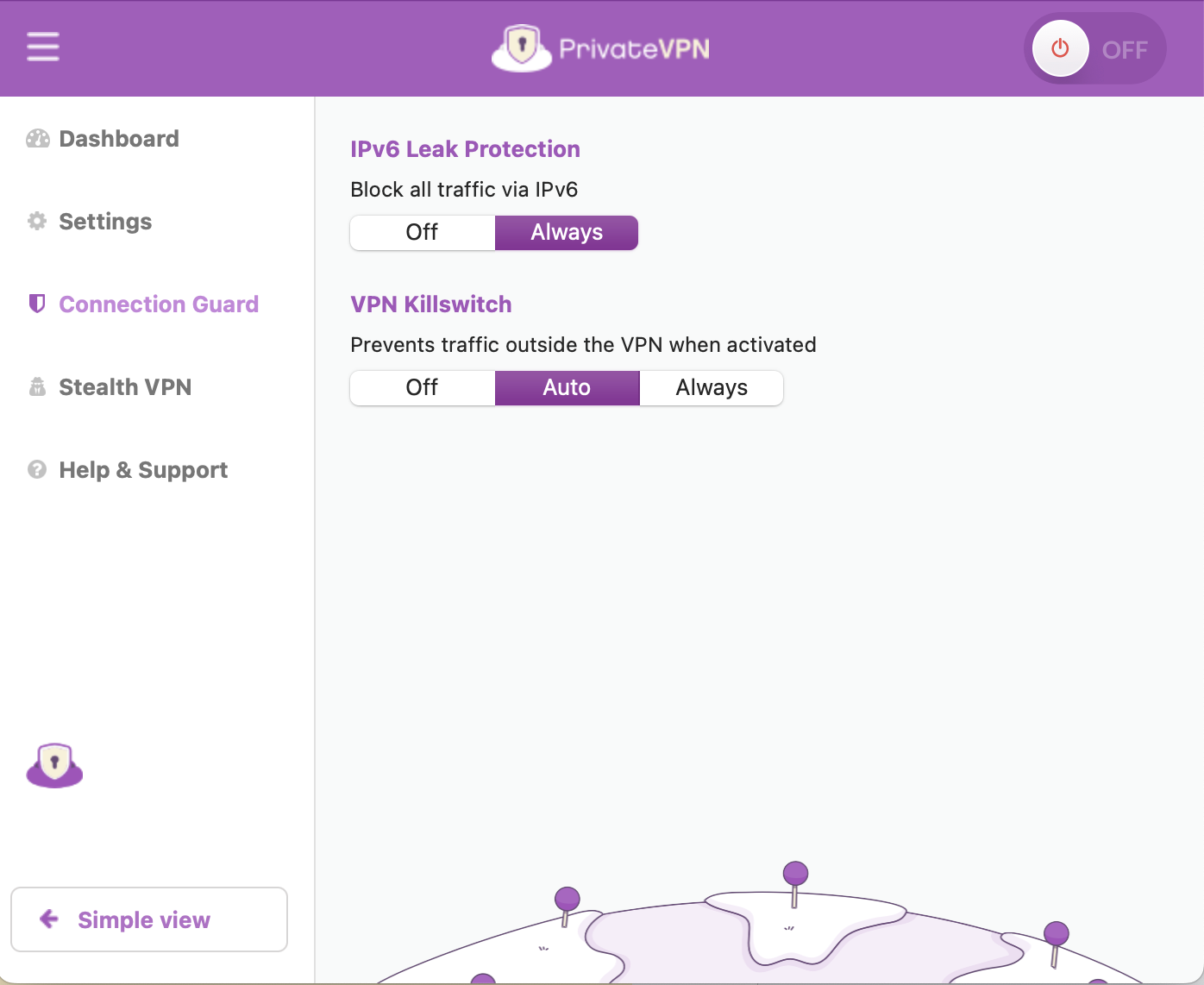 You can find PrivateVPN's kill switch settings under the Connection Guard feature.