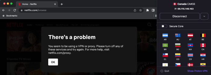 The Netflix website with a pop-up indicating there's an error alongside an active Proton VPN connection to a Canadian VPN server.