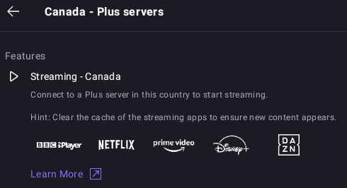 Proton VPN dashboard on the Canada - Plus servers page, which are designed for streaming  with Canadian servers.