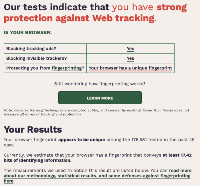 Proton VPN Netshield's Cover Your Tracks test results showcasing it provides strong protection against web tracking. 