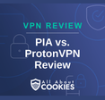 A blue background with images of locks and shields with the text &quot;PIA vs ProtonVPN Review&quot; and the All About Cookies logo. 