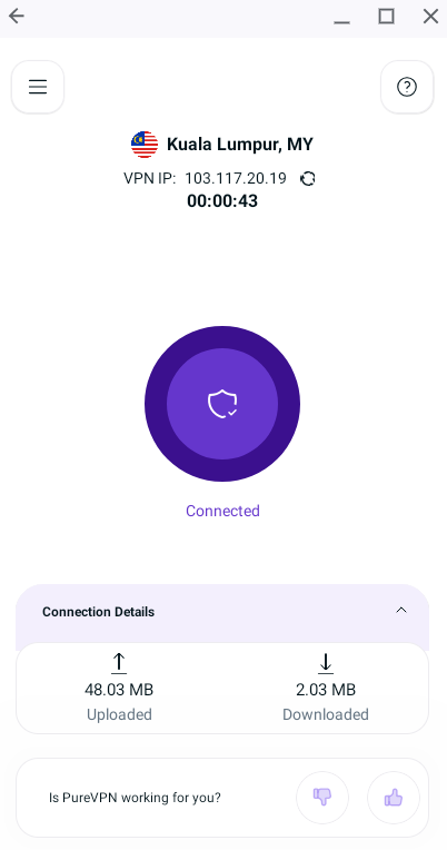 The PureVPN app interface, showing a connection to a server in Kuala Lumpur, Malaysia.