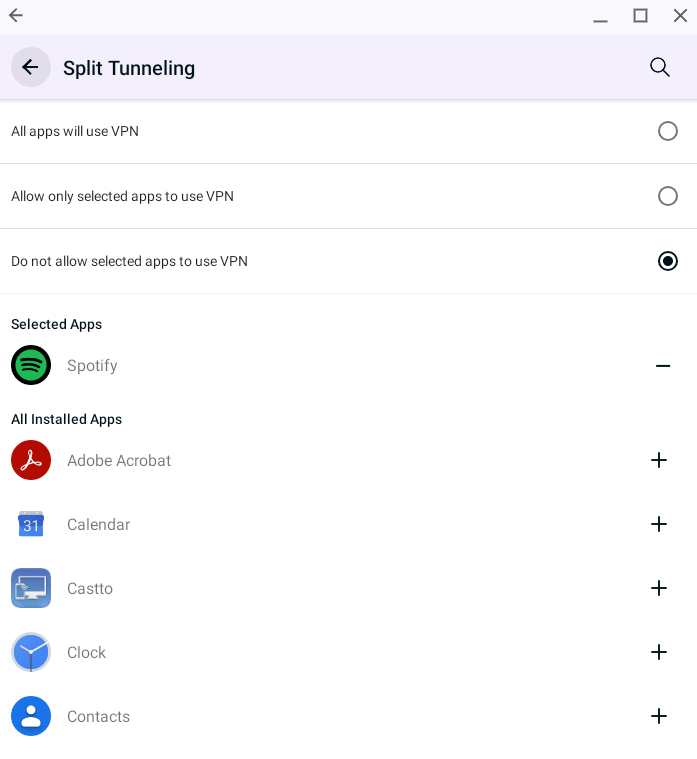 The Split Tunneling page on the PureVPN app.