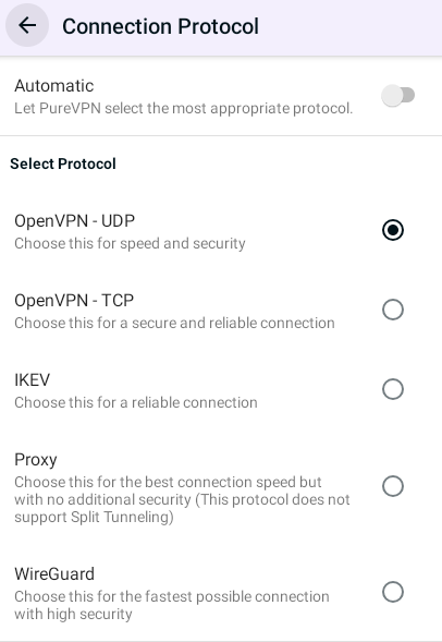 The list of available VPN connection protocols on the PureVPN app.