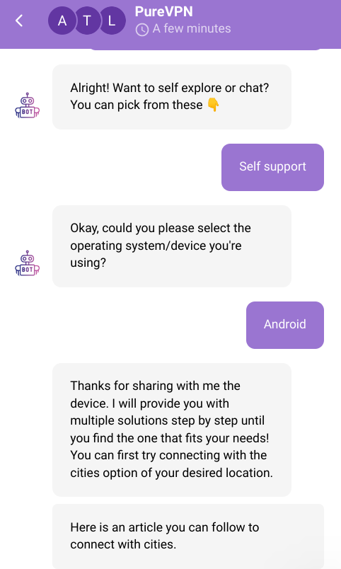 A chat with PureVPN's chatbot.