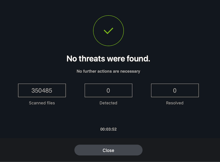 No threats found message after scanning files for virus