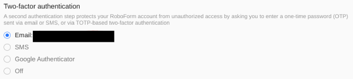 Roboform two-factor authentication options via email, SMS, or Google authenticator.